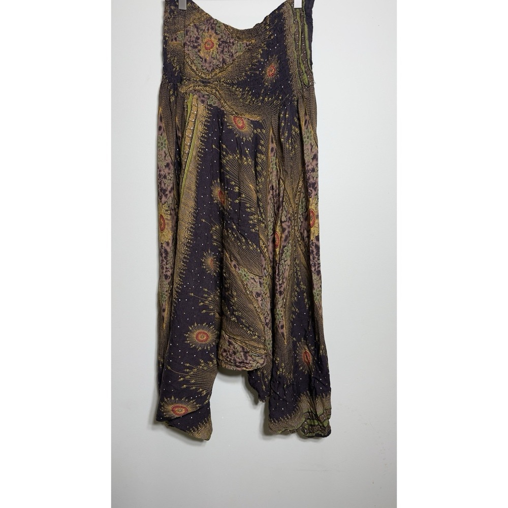 Vintage Boho Peacock Print Harem Pants Smocked High Waist Genie Festival Flaw ML